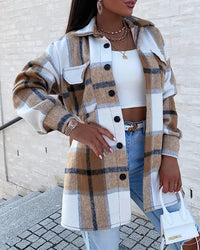 Women's Winter New Shirt Coat Plaid Print Retro Warm Jacket Coat Fashion Commuter Pocket Button Design Long Sleeve Dress