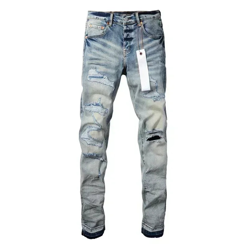 Men's Skinny Denim Jeans 2025 New Streetwear Distressed Painted Repair Low-Rise Brand Pants for Casual Style