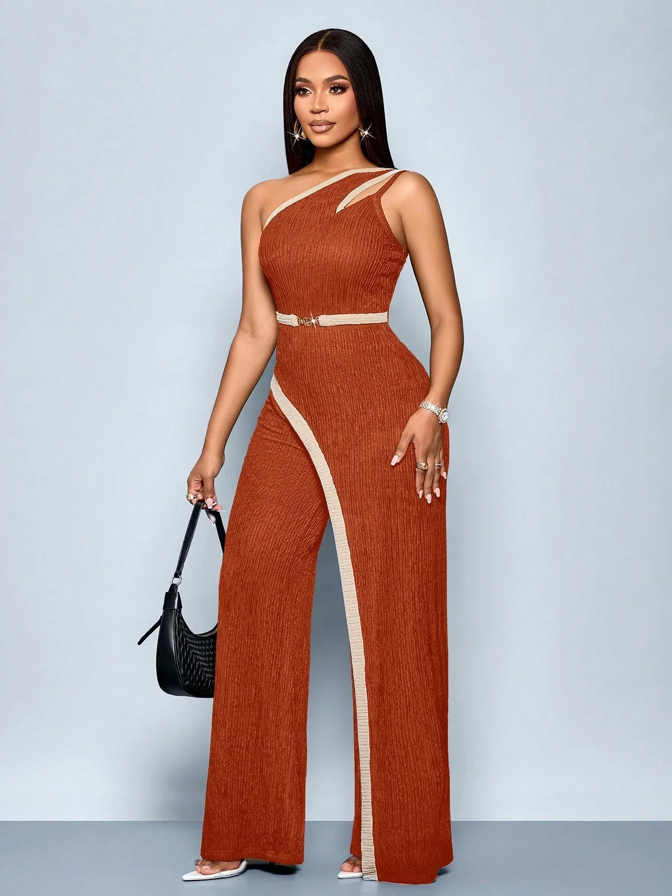 Women's Fashion Modern Party Asymmetric Neck Hollow Two-color Contrast Office Asymmetric Splicing Metal Decorated Sleeveless Str