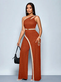 Women's Fashion Modern Party Asymmetric Neck Hollow Two-color Contrast Office Asymmetric Splicing Metal Decorated Sleeveless Str