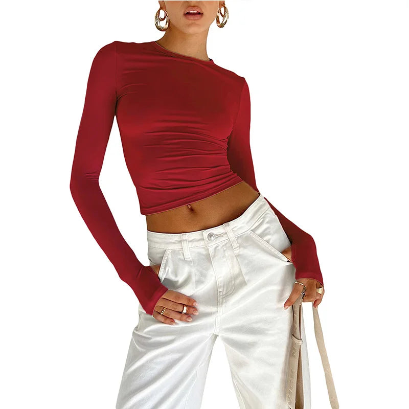 Fashion Women T-shirt Long Sleeve Crew Neck Solid Slim Fit Ladies Crop Top with Thumb Holes for Daily Streetwear Summer Camis