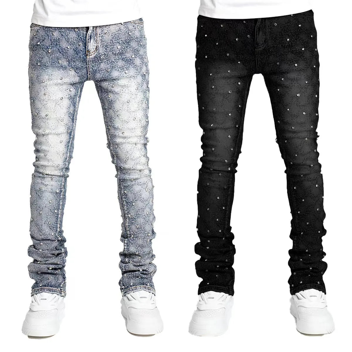 Stretchy Personality Stacked Denim Pants 2024 New Fashion Pearls Fashion Rhinestone European Street Skinny Jeans For Men