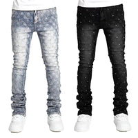 Stretchy Personality Stacked Denim Pants 2024 New Fashion Pearls Fashion Rhinestone European Street Skinny Jeans For Men