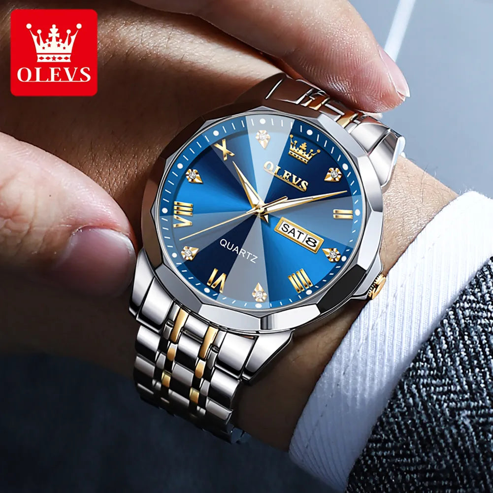 OLEVS Men's Watches Rhombus Mirror Original Quartz Watch for Man Waterproof Luminous Stainless Steel Wristwatch Male Date Week