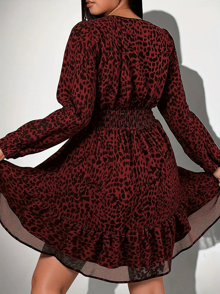 New Sexy V-Neck Leopard Print Long-Sleeve Dress Plus Size Women Clothing American Slim A-Line Skirt Elegant Party Evening Dress