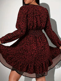 New Sexy V-Neck Leopard Print Long-Sleeve Dress Plus Size Women Clothing American Slim A-Line Skirt Elegant Party Evening Dress