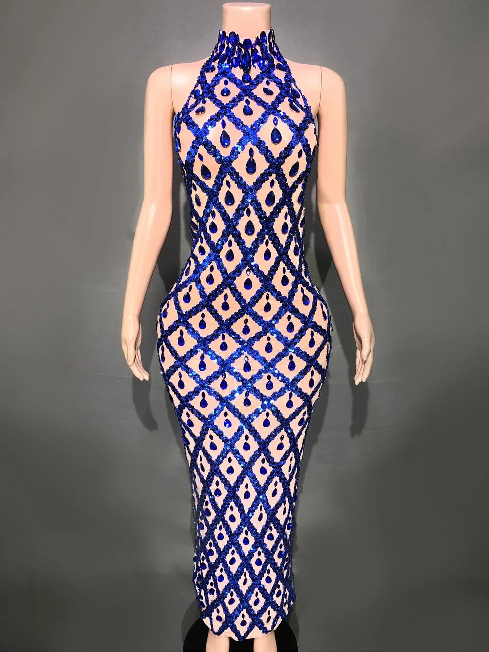 Sparkly Rhinestones Sleeveless Long Dress Elegant Dark Mesh Celebrate Evening Wedding Prom Gown Birthday Dress Photograph Wear