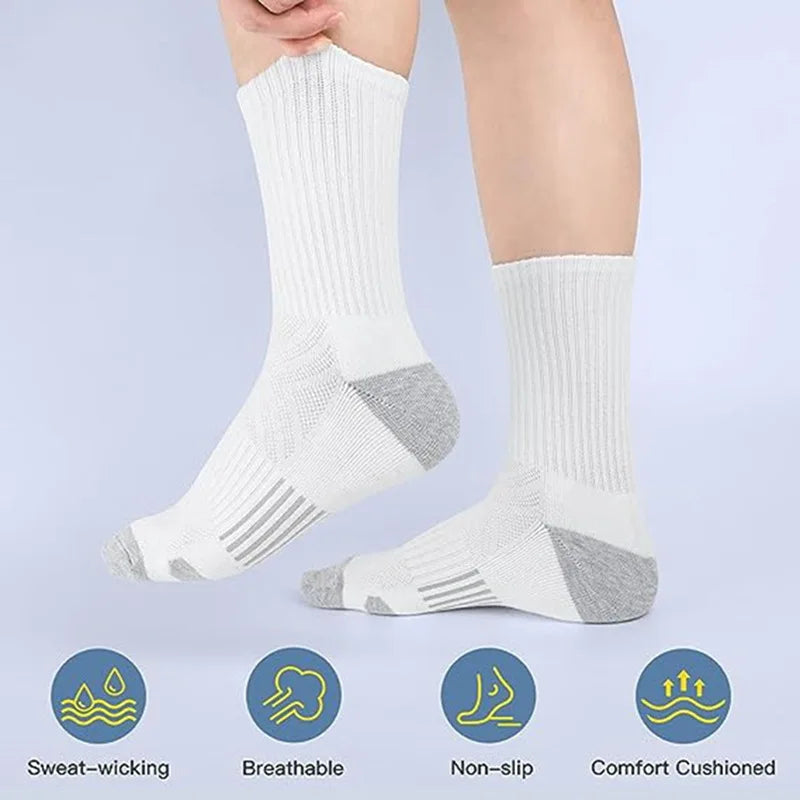 6 Pairs New Men Long Sport Socks Compression Socks Breathable Basketball Socks Cushion Running Socks White/Black Plus Size 38-46