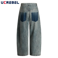 Ripped Jeans Mens With Rivets Pocket Retro High Street Washed Distressed Loose Wide leg Denim Pants Men