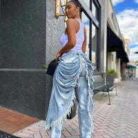 Daily Blue Pocket Ruched Frayed Trim Casual Contrast Denim Jeans High Street Vintage Casual Asymmetric Denim Trousers for Women