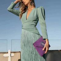 Autumn Long Sleeve Spliced Tassel Party Dresses Woman Elegant Deep V Neck Sheath Long Dress Fashion Solid Pleated Bohemian Dress