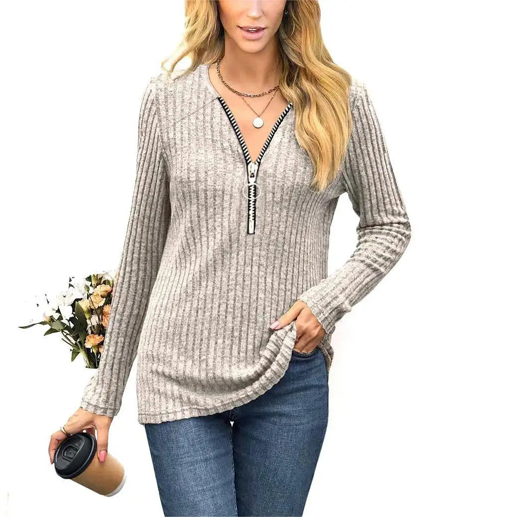 Women's Chest Zipper Pleated Long Sleeve T-Shirt Top Commute Style Iron-Free Processing Pure Color Other 100% Fabric