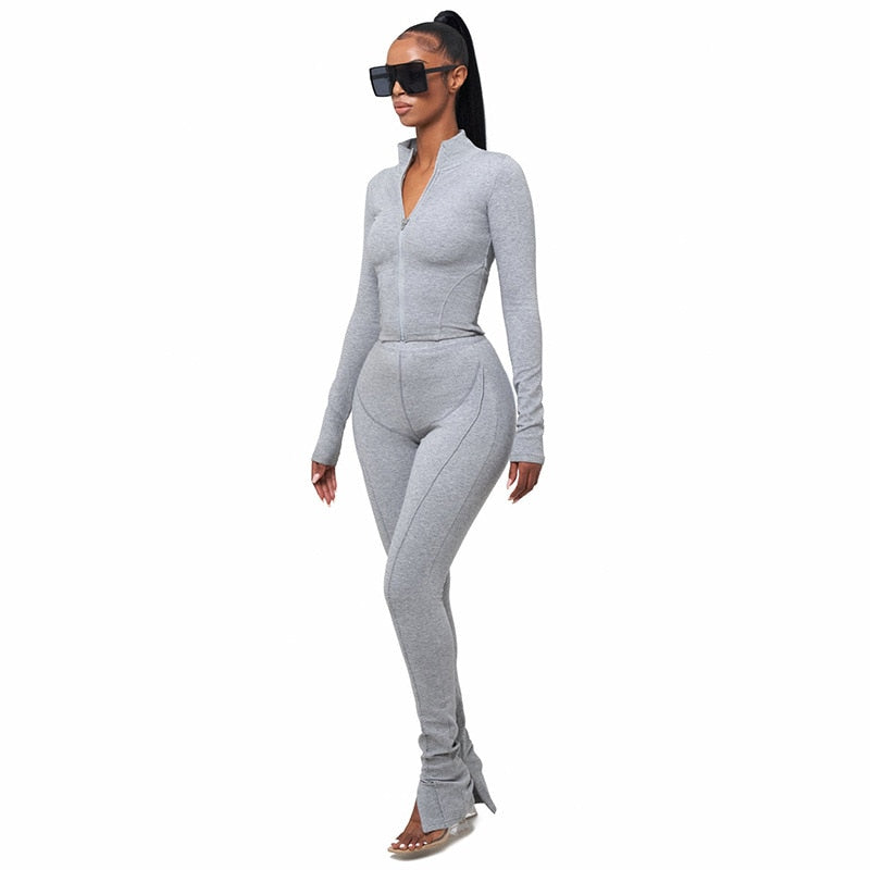 Woman 2pcs Suit Solid Color  Stripes stitching Long Sleeve Zipper Hoodies+Pencil Pant S-L 3Color