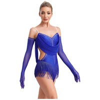 Womens Tassel Latin Rumba Dance Leotard Glittery Cutout Fringed Bodysuit with Gloves Cha-cha Samba Tango Performance Costume