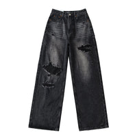 Women's Destroyed Jeans 2025 Spring Summer High Waist Loose Leg Floor-Length Distressed Denim Vintage Daily Staple