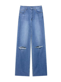 Women Blue Jeans Knee Ripped Retro Rosted Versatile Pant High Waist Wide Leg Denim Jeans Basic Denim Loose Long Pants