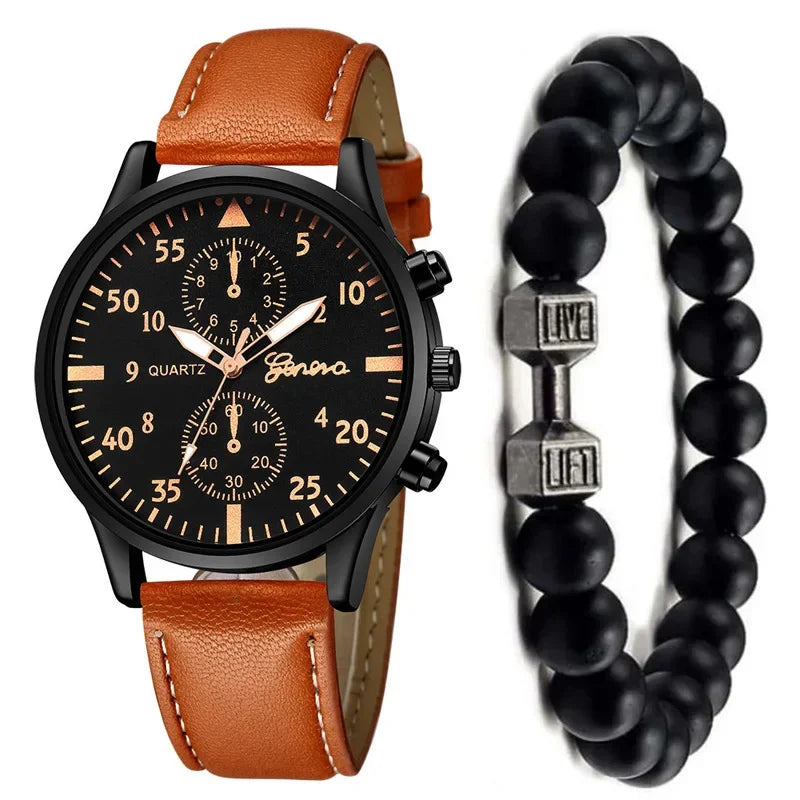 2/1pcs Men Sports Watches Set Man Business Quartz Wristwatch Luxury Brown Leather Bracelet Men Casual Clock Watch（no Box）gifts