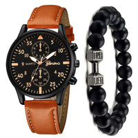 2/1pcs Men Sports Watches Set Man Business Quartz Wristwatch Luxury Brown Leather Bracelet Men Casual Clock Watch（no Box）gifts