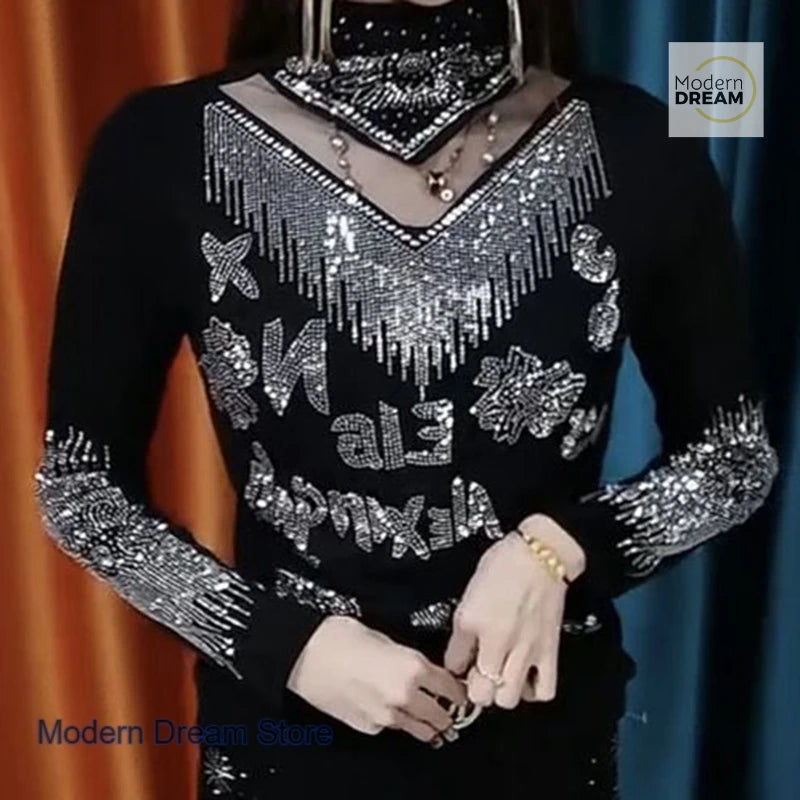 French style high-grade rhinestone bottoming shirt women's spring and autumn new slim semi-high collar versatile bottoming shirt