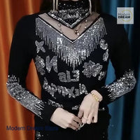 French style high-grade rhinestone bottoming shirt women's spring and autumn new slim semi-high collar versatile bottoming shirt