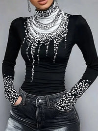 Gymystars Long Sleeve T Shirt Skinny Printed Tops for Women New Autumn High-Neck Slim Fit Clothes Black Wear Base Layer Outside