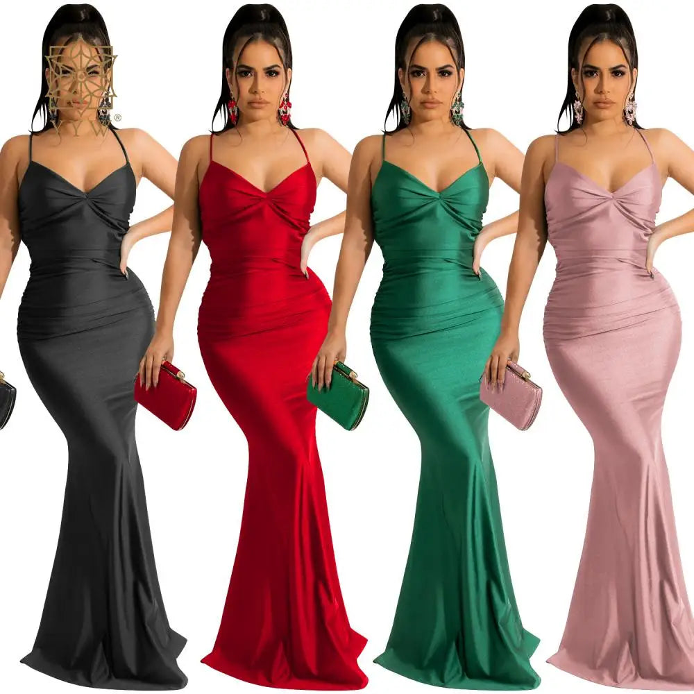 Women Dress Summer 2023 Neon Satin Lace Up Women Bodycon Long Midi Dresses Ladies Sleeveless Backless Sexy Cocktail Mermaid Gown