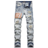 Vintage Blue Ripped Men's Jeans Mid-Waist Stretch Fashion Letter Print Casual Pants Street Trend Wear