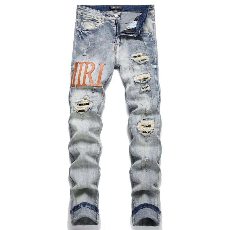 Vintage Blue Ripped Men's Jeans Mid-Waist Stretch Fashion Letter Print Casual Pants Street Trend Wear