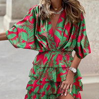 Summer Fashion V-neck Short-sleeved Printed Body Dress 2023 Women's Slim Cake Mini Dresses Beach High-waisted Elegant Vestido