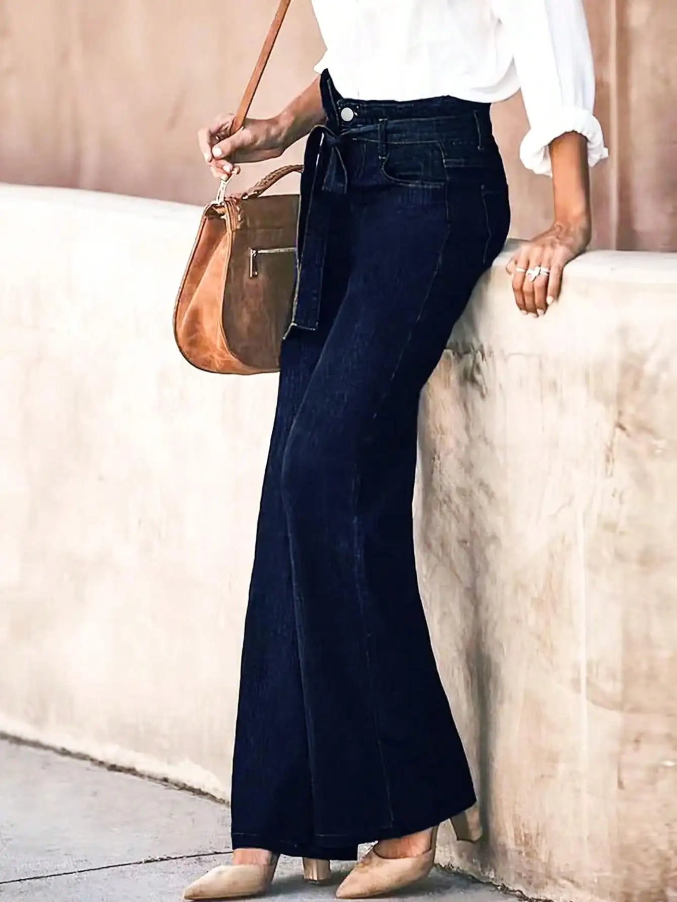 Women's Wide Leg Denim Jeans with Belt - Stylish and Comfortable Loose Fit Trousers for Everyday Wear