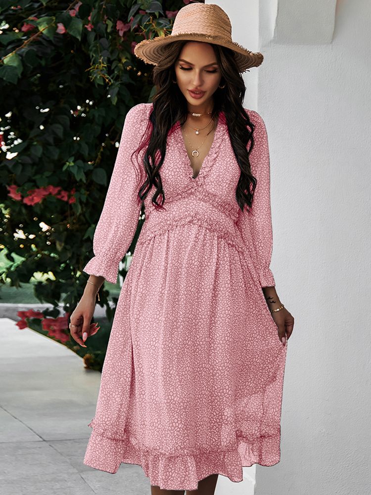 Boho Summer Dress Women 2022 Ruffles Print V Neck Chiffon Midi Dress Wrist Flare Sleeve Empire Holiday Beach Dresses Woman