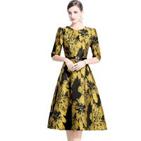 New Spring  French Temperament Elegant Jacquard Exquisite Dress Women's O-Neck Half Sleeve Slim Waist Dresses