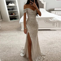 New Women Vintage Sequined V Neck Off Shoulder Slim Sexy Split Long Dress Evening Party Maxi Dresses Party Sequin Dress