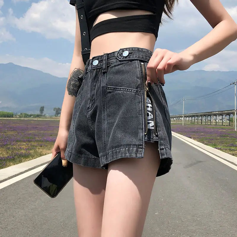 Denim Shorts Women Summer Hole High Waist A-line All-match Wide Leg Female Short Pants Fashion Loose Zipper Letter Streetwear