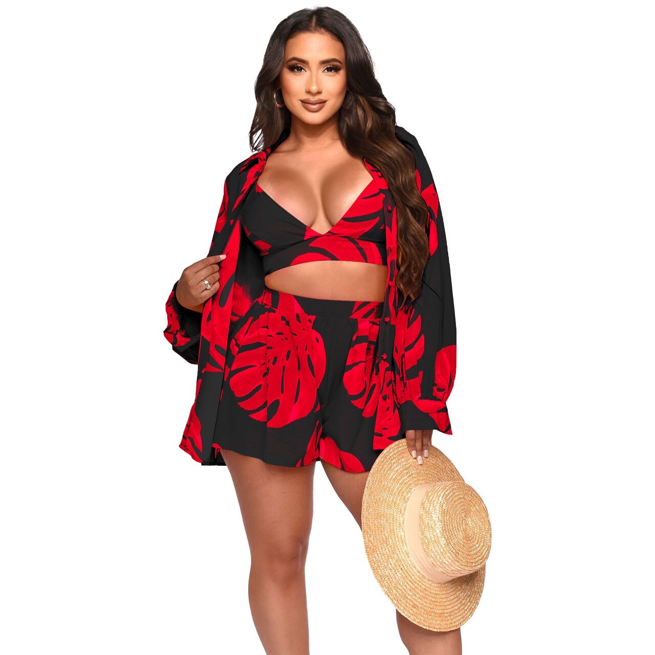 Beach Clothes Women 2023 Swim Cover Up Summer Dress Suit New Sexy Print Sides Three Piece Solid Polyester Pareo Saida De Praia