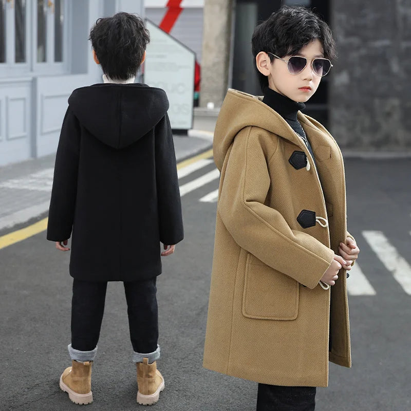 2023 New Boys Wool Coat Autumn Spring Fashion Hooded Jackets Solid Single-Breasted Outerwear Children Mid-Length Parka 5-14Y