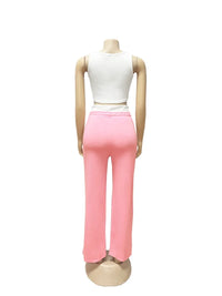Letter Print Label Color Patchwork 2 Piece Set Women Tracksuits Ribbed Tank Crop Top + Drawstring High Waist Wide Leg Pants Suit