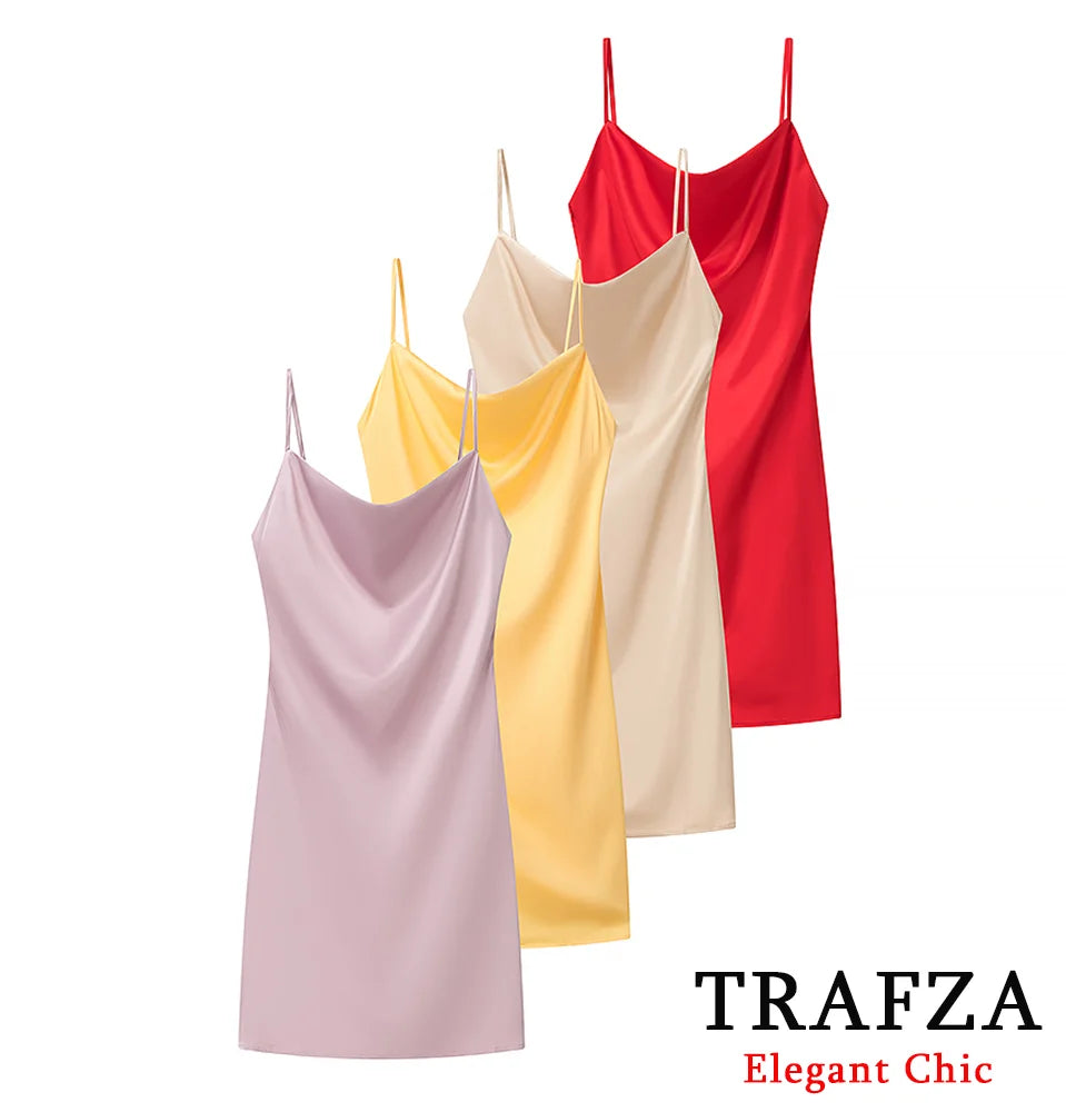TRAFZA Women Sexy Satin Mini Dress Suspender Backless Slim Dress New 2025 Spring Summer Fashion Glamorous Date Holiday Dress