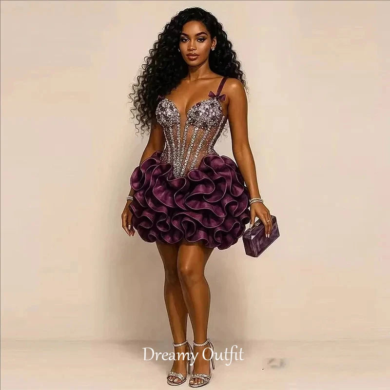 Dreamy Customized Prom Dresses Formal Party Gowns Short With Spaghetti Straps Beads Bows Crystals Tiered Sexy Birthday Dress