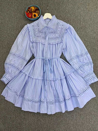 100% Cotton Embroidery Hollow Out Long Lantern Sleeve Knee-length White Pink Blue Loose Dresses with Sashes