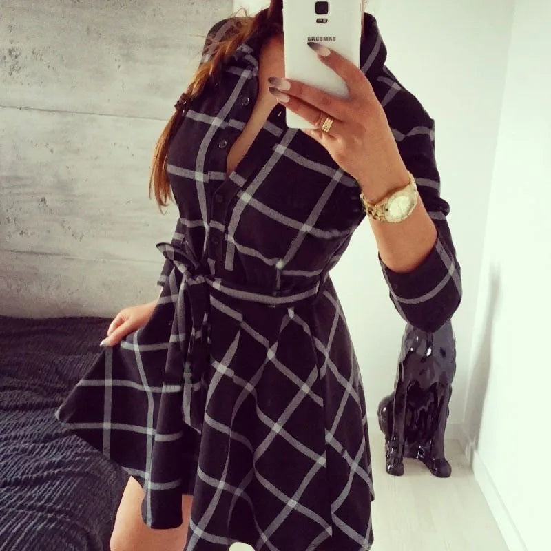 Autumn Winter Women Casual Dress Plaid Print Shirt Dress High Waist Casual Slim Dress Vestidos With Belt Dress Elegant Dresses