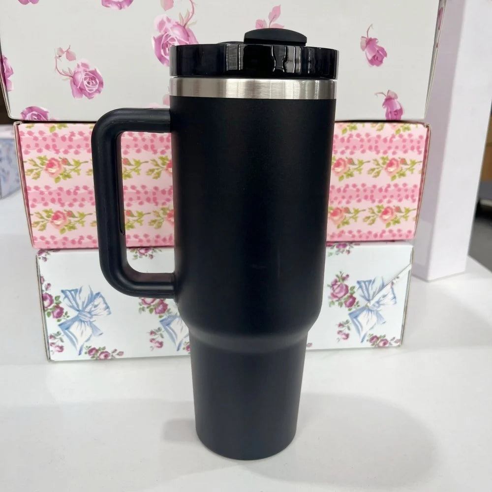 Stainless Steel Vacuum Insulated Car Cup with Dual Straw Lid, Thermal Icy Travel Handle 40oz New