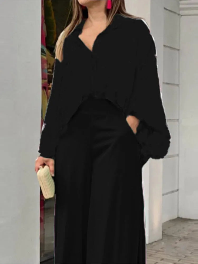 Fashion Print Set Women Casual Long Sleeve Button Shirt+Pockets High Waist Wide Leg Pants Office 2 Piece Sets Lady Spring Summer