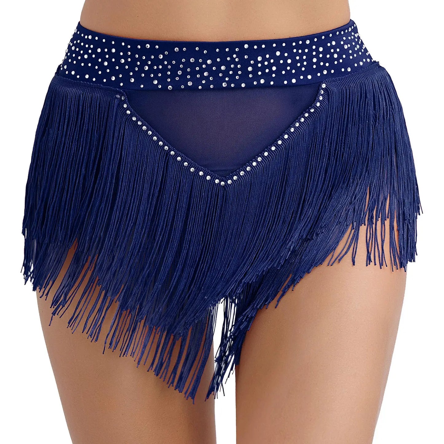 Womens Tassel Belly Dance Shorts Skirts Samba Fringe Latin Rumba Samba Tango Dancewear Shiny Rhinestone See Through Mesh Bottoms