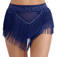 Womens Tassel Belly Dance Shorts Skirts Samba Fringe Latin Rumba Samba Tango Dancewear Shiny Rhinestone See Through Mesh Bottoms