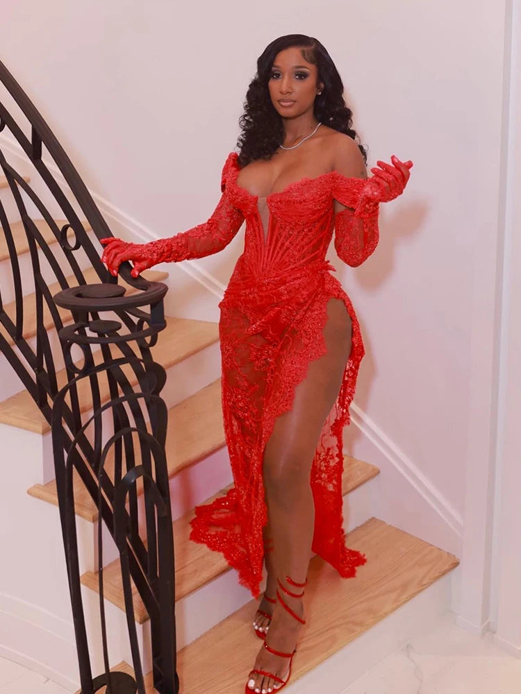 VC Christmas Dress Women Red Lace Sexy Long Sleeves Design High Split Mega Mart Center VC Christmas Dress Women Red Lace Sexy Long Sleeves Design High Split Mega Mart Center