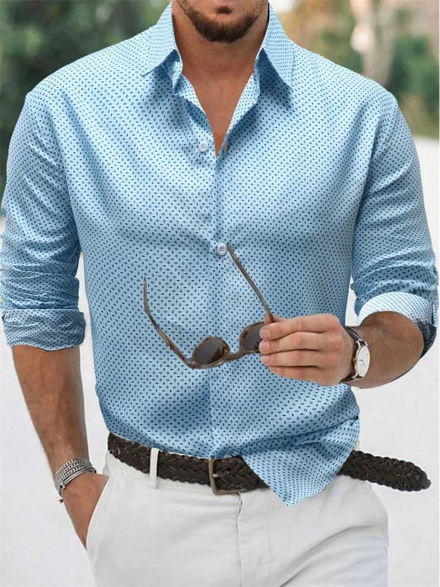 Men's shirt button-up shirt summer shirt blue long-sleeved polka dot lapel outdoor streetwear fashion casual comfortable S-5XL
