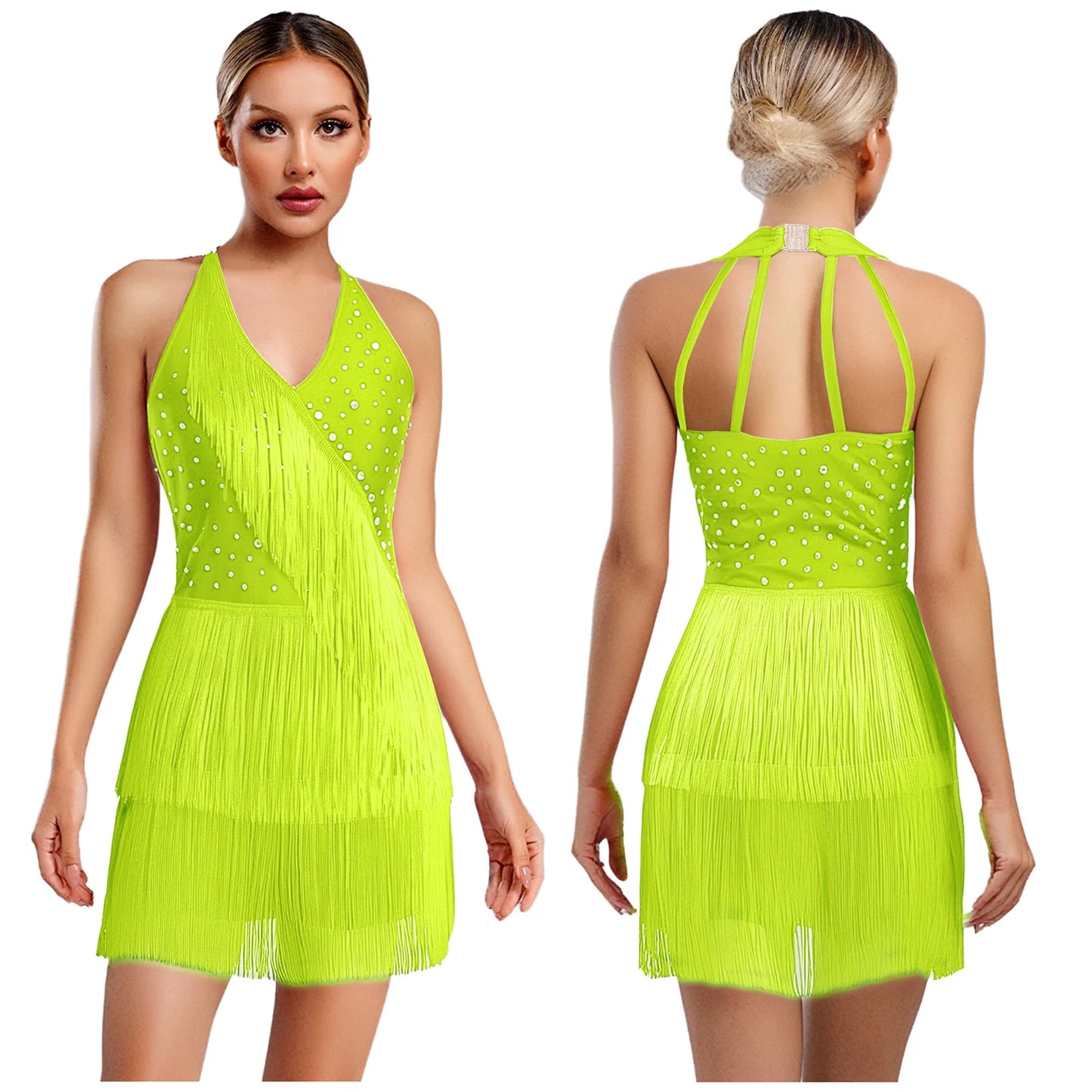 Women Rhinestones Latin Dance Costume Tassel Gymnastics Leotard Bodysuit Ballet Tango Salsa Jazz Performance Fringed Jumpsuits