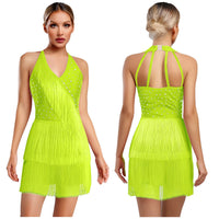 Women Rhinestones Latin Dance Costume Tassel Gymnastics Leotard Bodysuit Ballet Tango Salsa Jazz Performance Fringed Jumpsuits