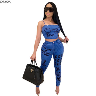 CM.YAYA Club Party Letter Print Fake Jean Women Set Two Piece Set Tracksuits Crop Top Jogger Sweatpants Suit Outfit Matching Set